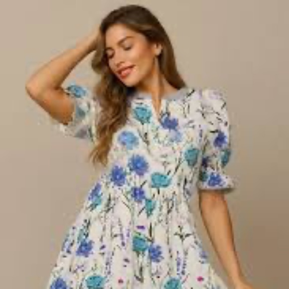 NWOT Umgee Floral Print Puff Sleeve Mini Dress - Picture 1 of 13